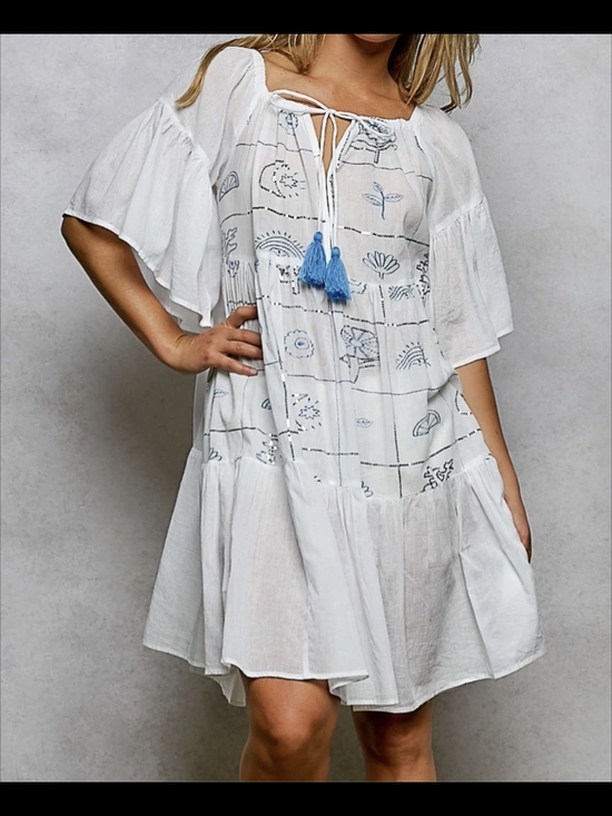 POL Dresses & Skirts - POL White Boho Embroidered Dress with Blue Tassels